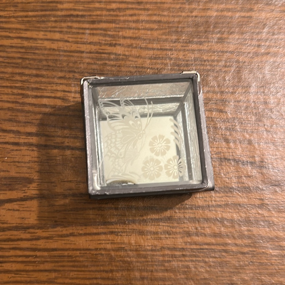 Vintage Glass & Metal Trinket Jewelry Box Mirror Bottom Etched Butterfly